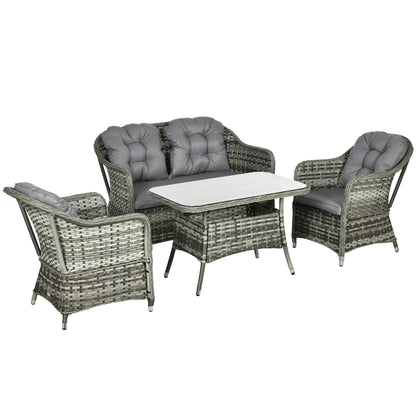 Nakevi Grey Rattan 4 Seater Garden Seating Set With Glass Top Coffee Table