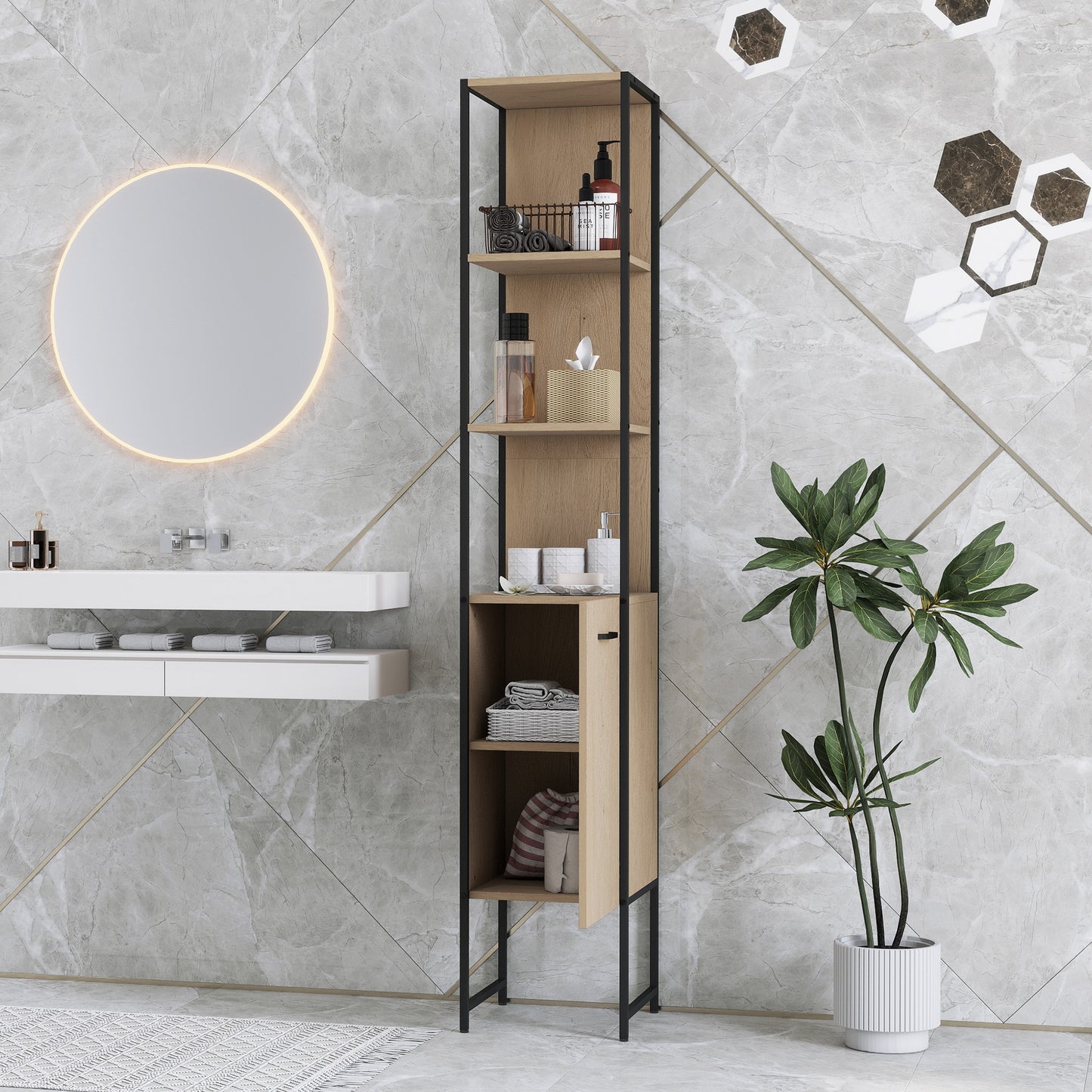 Supave Tall Bathroom Storage Cabinet With OFauxn Shelving And Adjustable Interior Natural Wood Finish