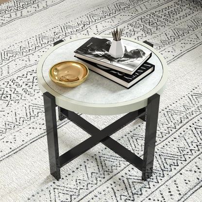 Linado Aluminium Light Grey Round Outdoor Side Table With Marble Effect Glass Top