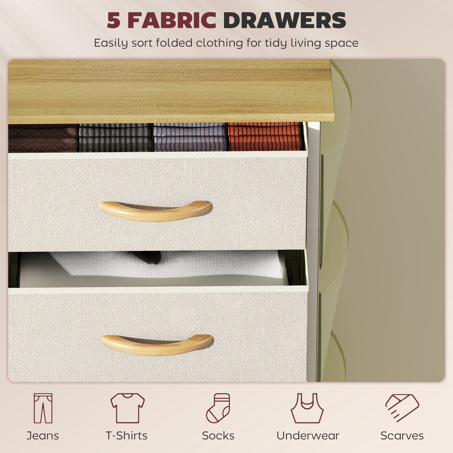 Batoro Fabric And Metal Beige 5 Drawer Storage Chest