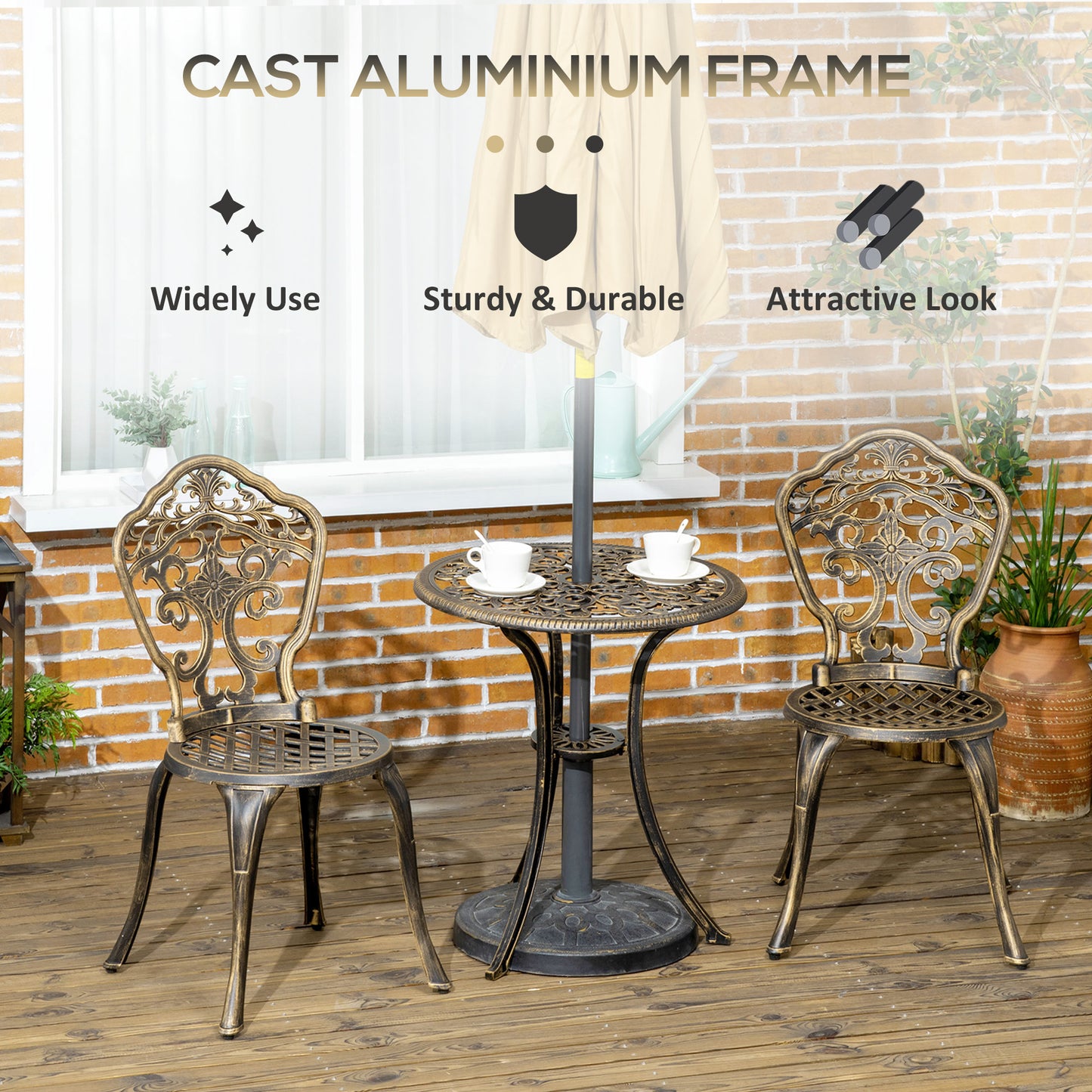 Bava Cast Aluminium Bronze 3 Piece Garden Bistro Set With Parasol Hole Round Table