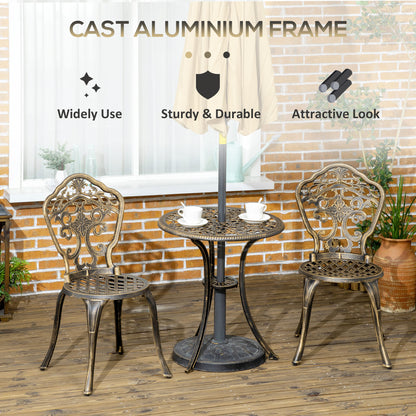 Bava Cast Aluminium Bronze 3 Piece Garden Bistro Set With Parasol Hole Round Table