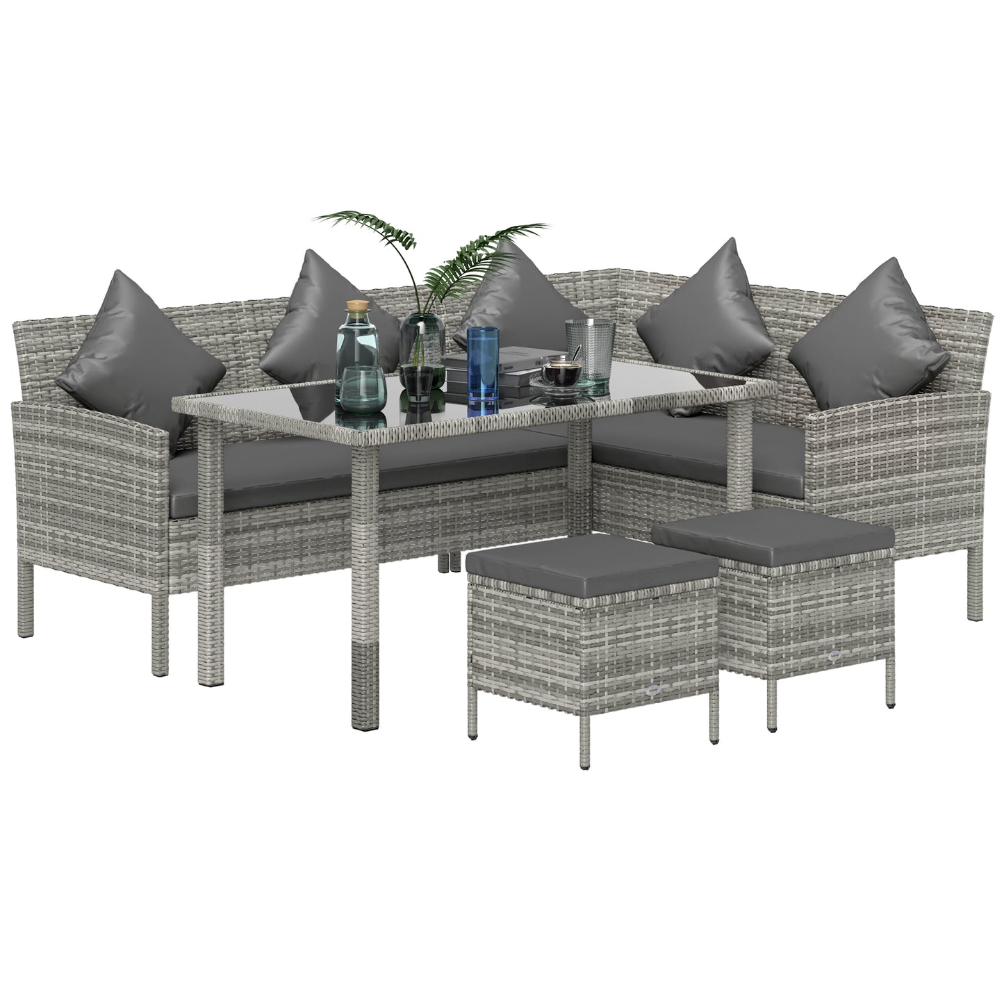 Coha Rattan Dark Grey 6 Seater Outdoor Dining And Sofa Set With Table Footstools And Cushions
