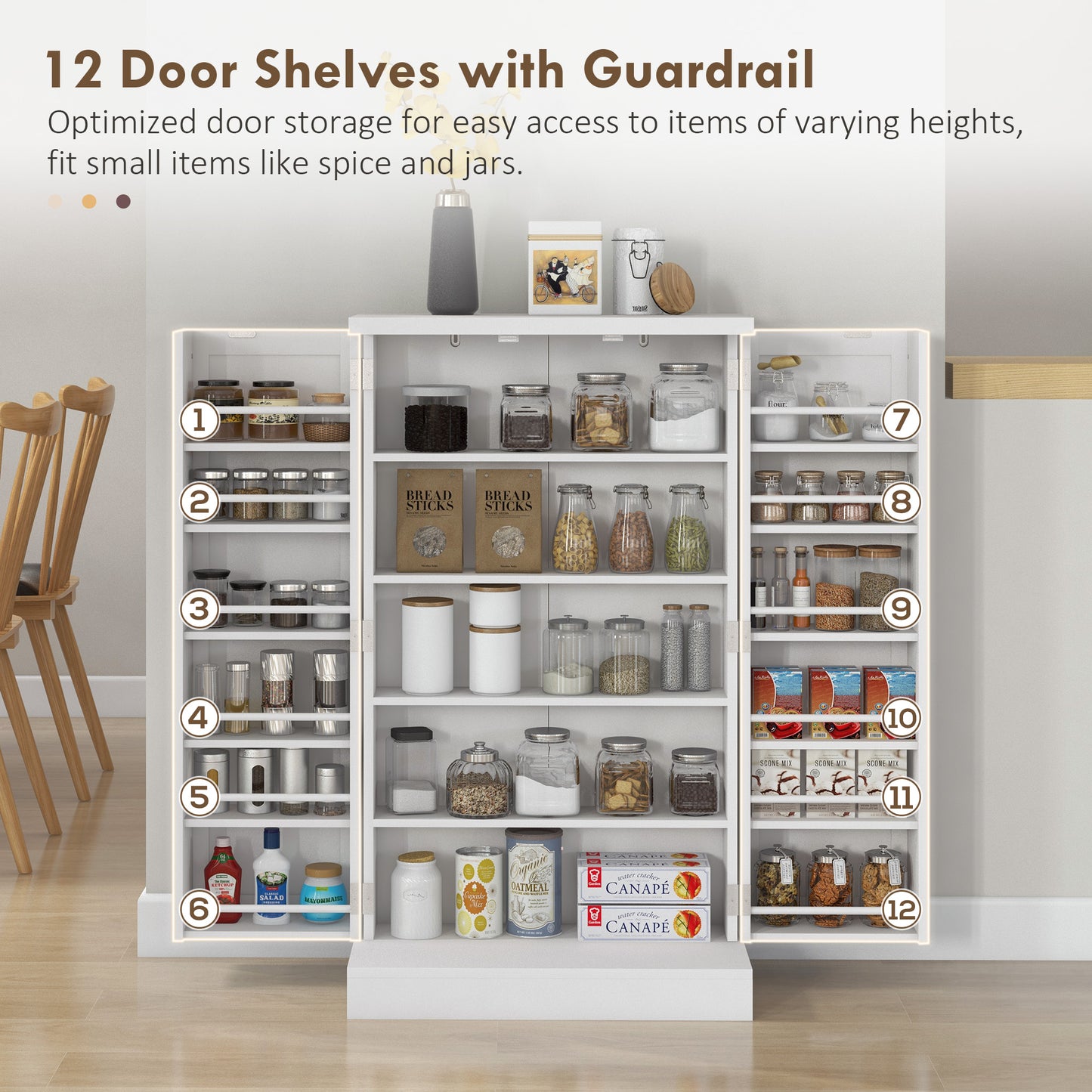 Kanese Wooden White 6 Tier Kitchen Pantry Cabinet With Slatted Door Racks