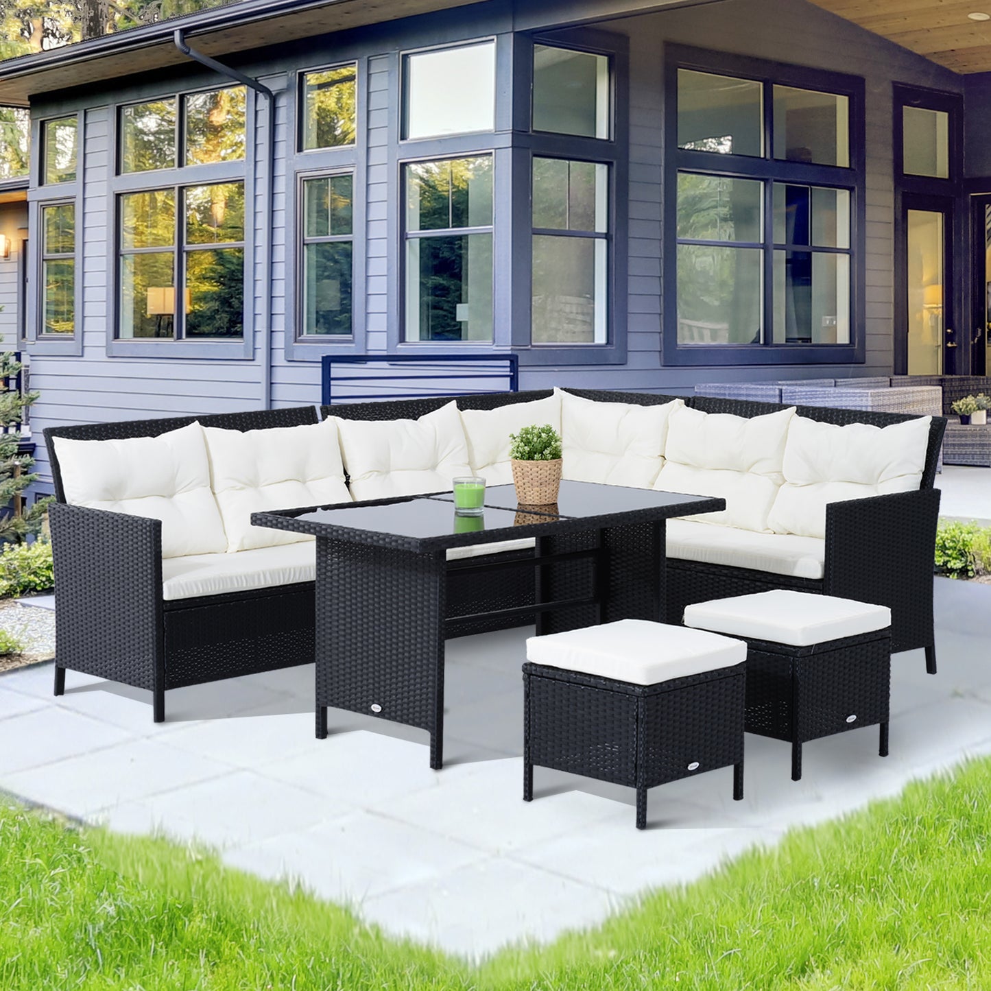 Semapa Rattan Black 8 Seater Corner Dining Sofa Set With Coffee Table Footstool And White Cushions