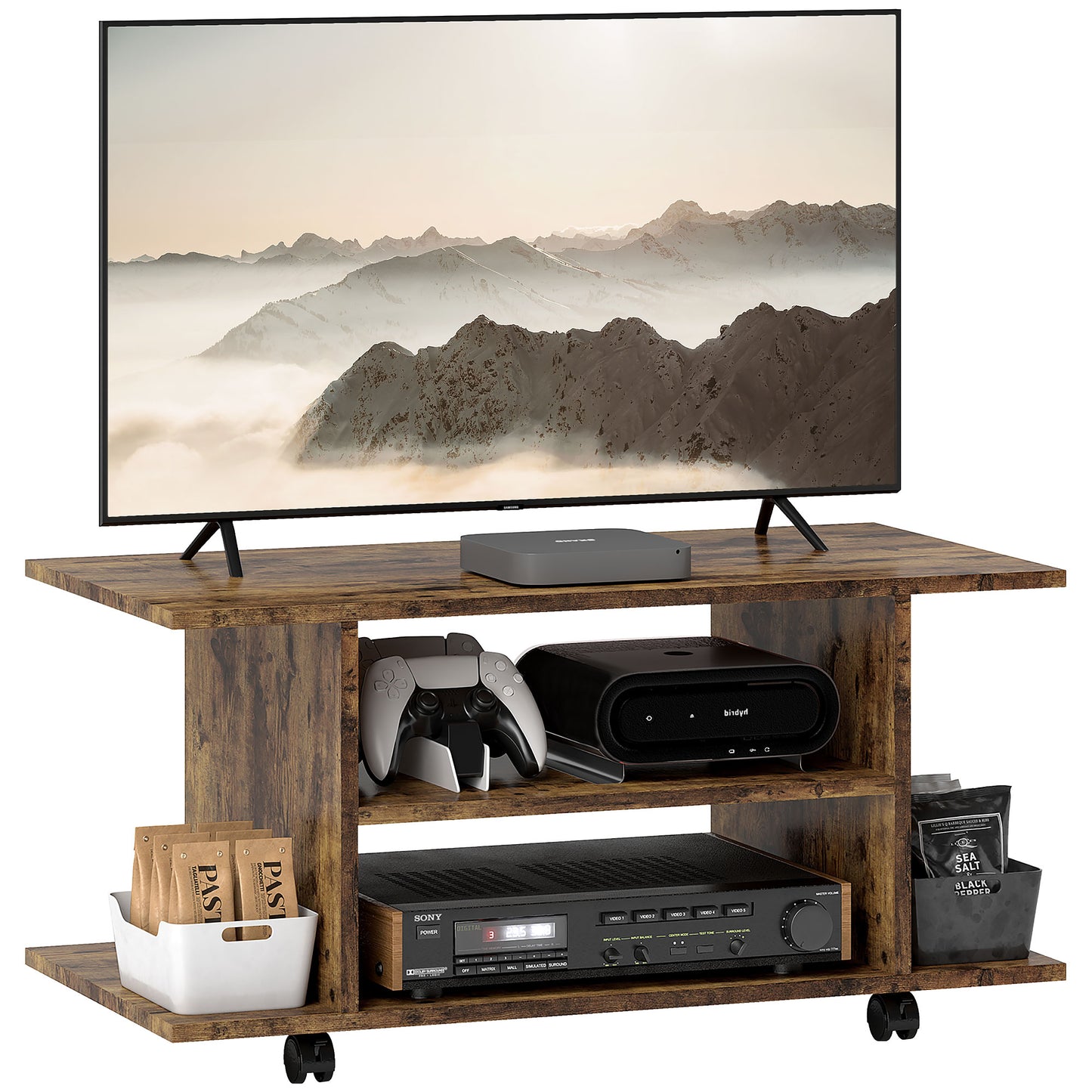 Rinael 80cm Wooden Rustic Brown Mobile TV Storage Unit With Shelves And Bookcase Style Design
