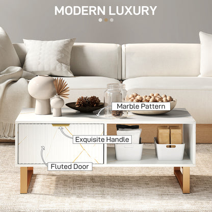 Lima Wooden White Marble Effect and Gold Coffee Table With 2 Storage Drawers