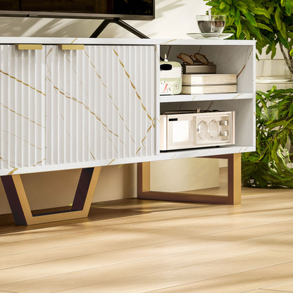 Veriri 140cm White Marble and Gold Effect TV Unit With Fluted Doors For Screens Up To 70 Inches
