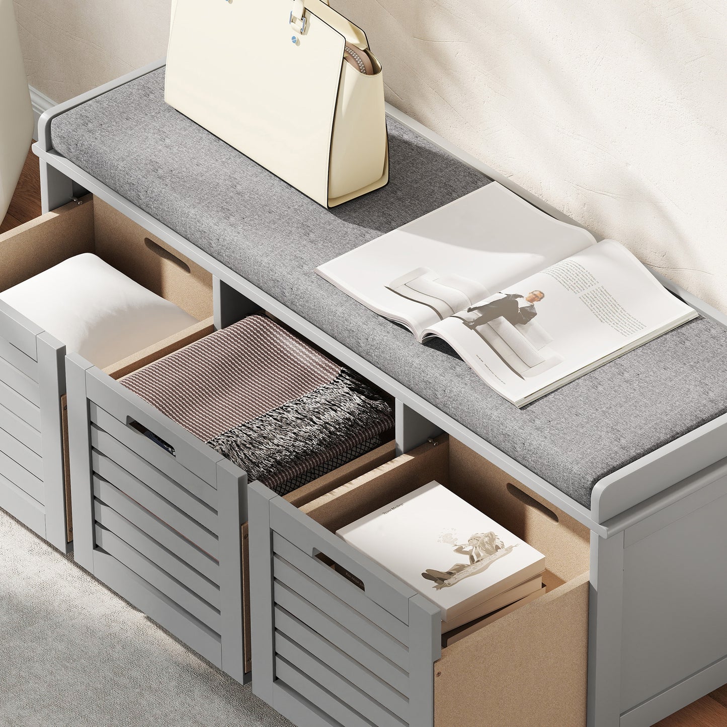 Vazi Wooden Grey 3 Drawer Shoe Storage Bench With Padded Top