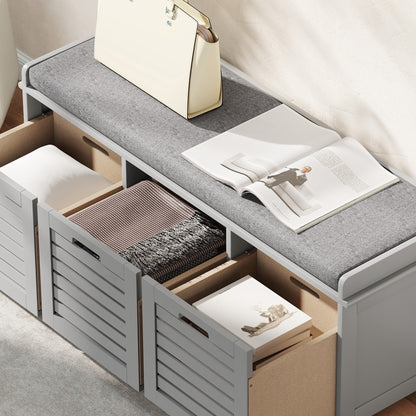 Vazi Wooden Grey 3 Drawer Shoe Storage Bench With Padded Top