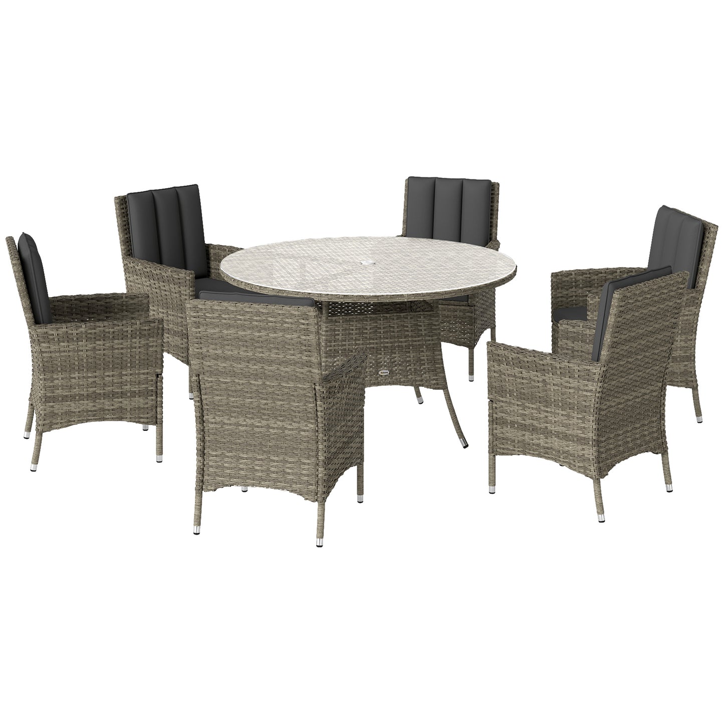 Vetane Rattan Light Grey 6 Seatear Garden Dining Set With Round Glass Top Table