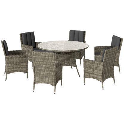 Vetane Rattan Light Grey 6 Seatear Garden Dining Set With Round Glass Top Table