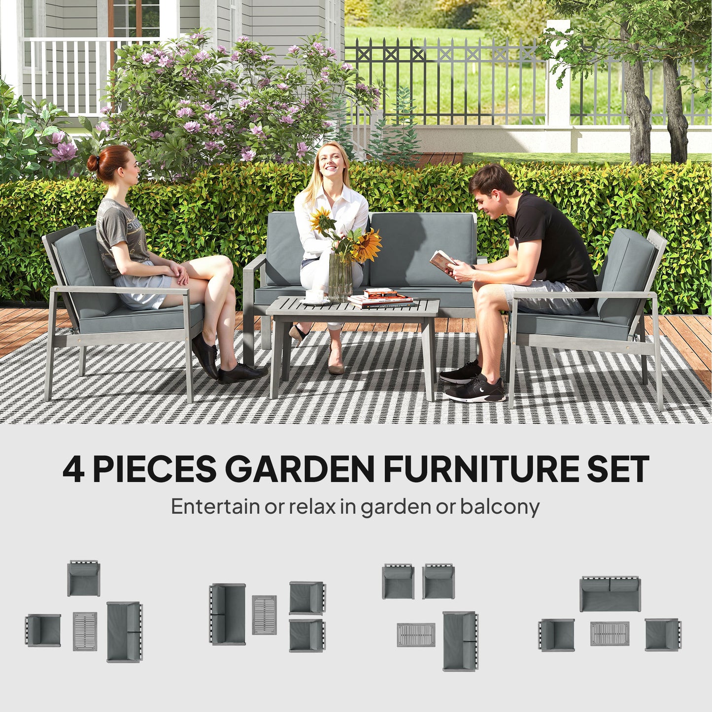 Nabatove Grey Wood 4 Seater Outdoor Garden Furniture Set With Cushions