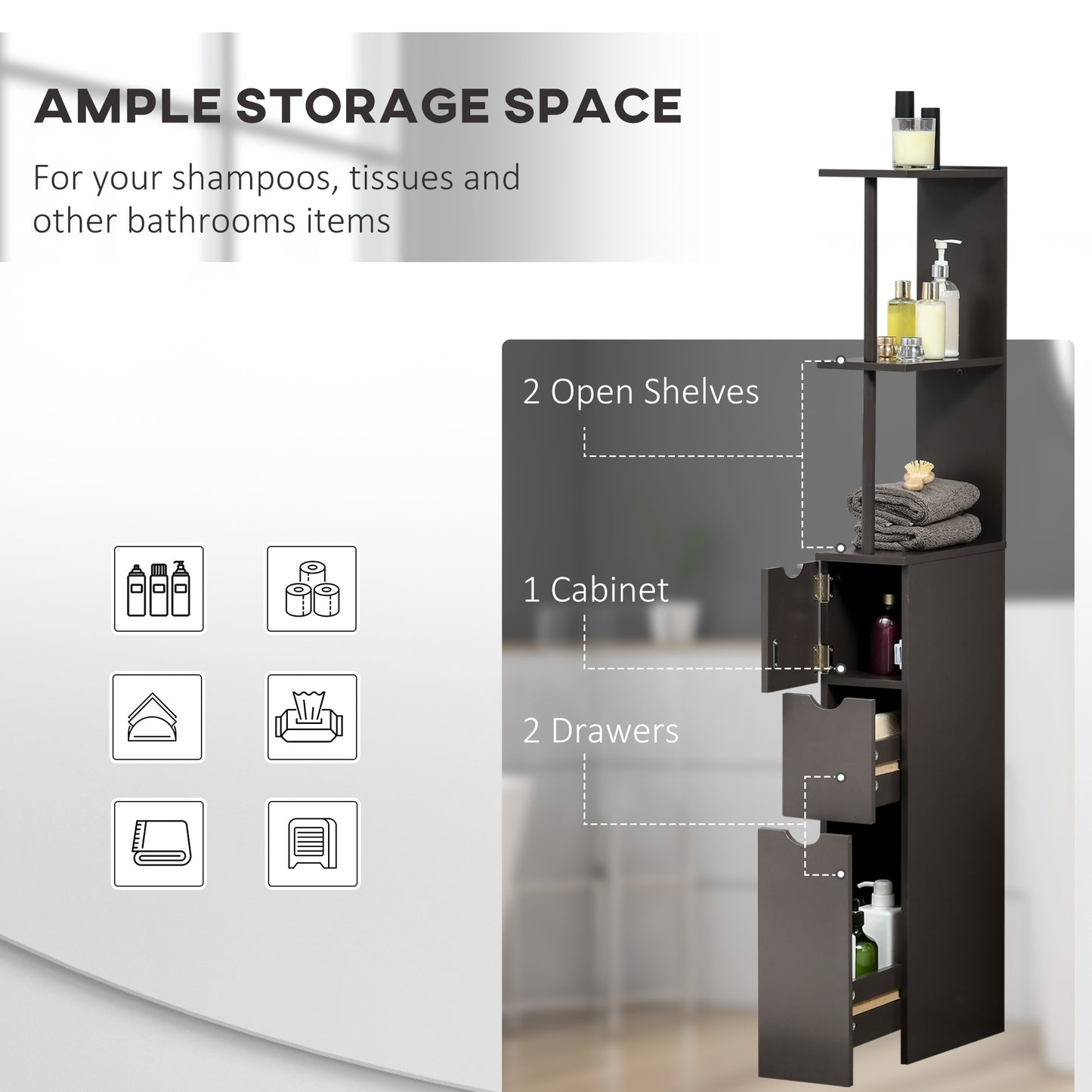 Dolo Suma Slim Freestanding Bathroom Storage Cabinet With Shelves And Drawers In Brown