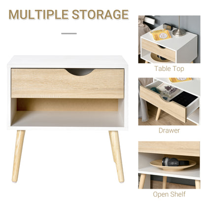 Basuve White Modern Bedside Table With Natural Wood Drawer And Shelf