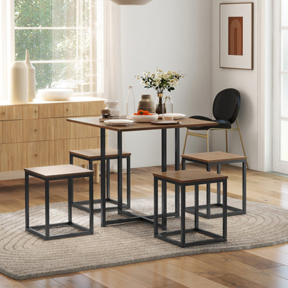 Sajonia Metal And Wooden Brown 5 Piece Industrial Dining Table And Stool Set