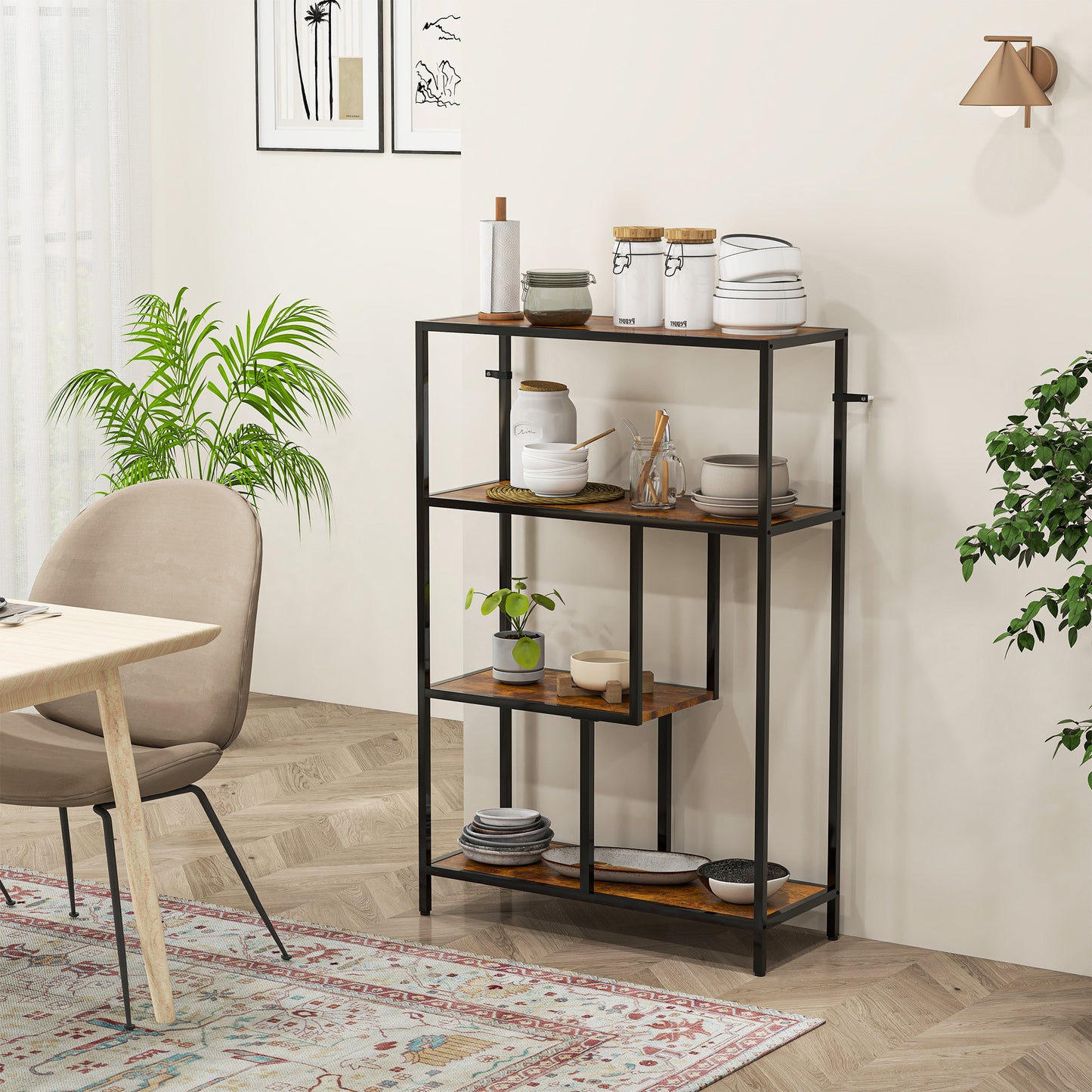 Modisu Wood Rustic Brown 4 Tier Bookcase With OFauxn Shelving