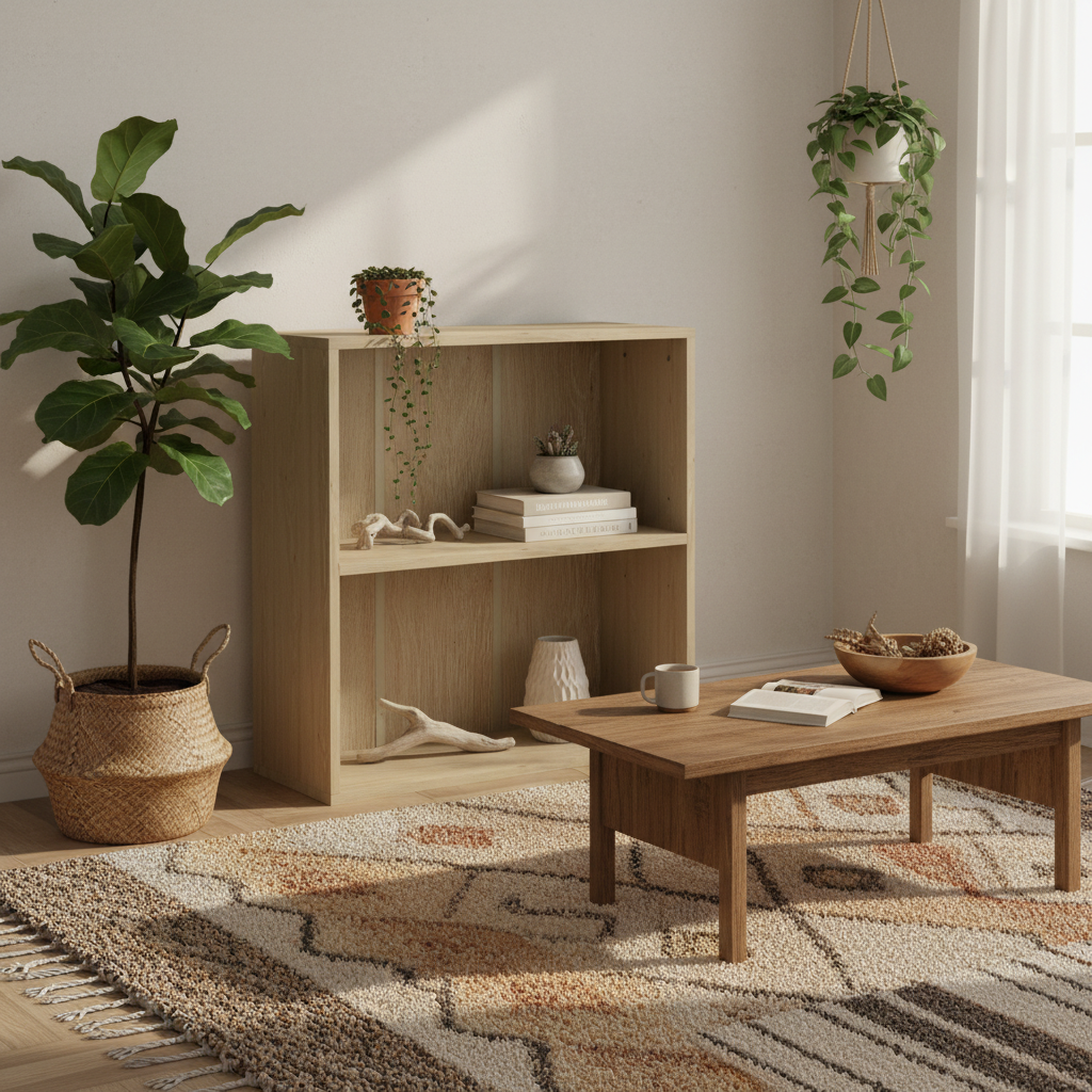 Kesa Wood Natural Finish Low 2 Tier Bookcase With Adjustable Shelves