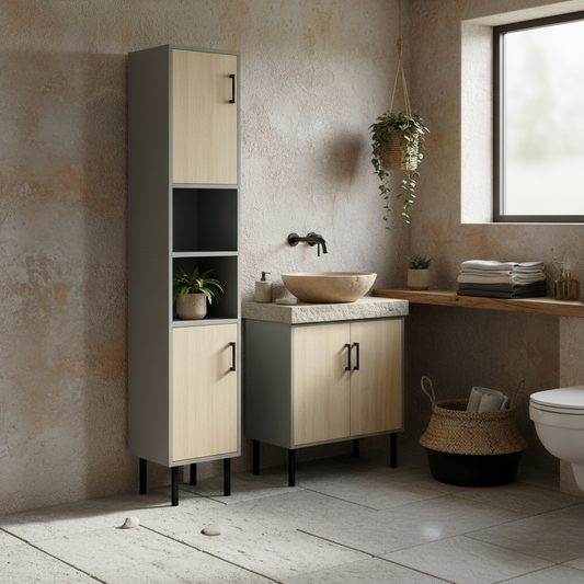 Tokafa Bathroom Furniture Set With Tall Cabinet And Under Sink Storage In Grey