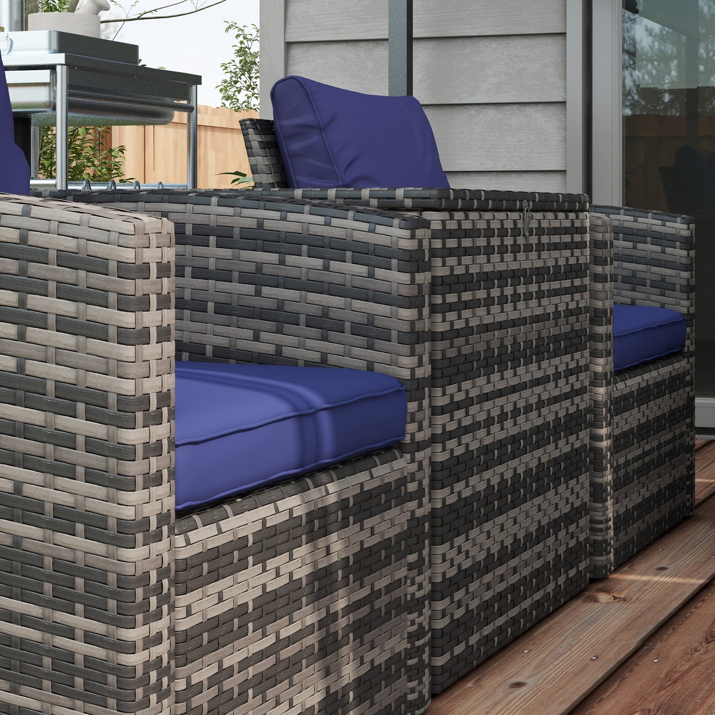 Resuno Grey Rattan Navy Blue 7 Seater Outdoor Sofa Set With Storage Tables