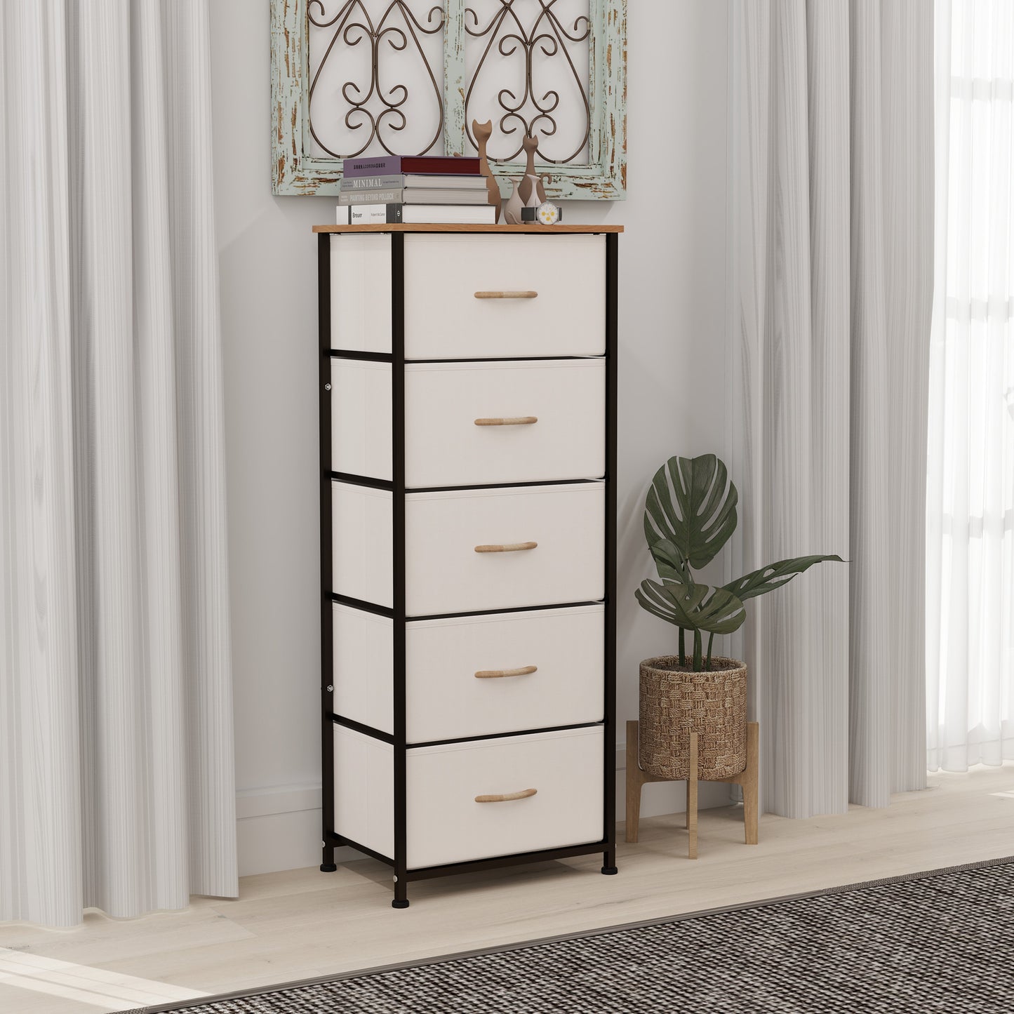 Yona Metal And Fabric Cream White 5 Drawer Industrial Storage Dresser With Steel Frame