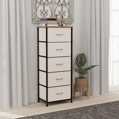Yona Metal And Fabric Cream White 5 Drawer Industrial Storage Dresser With Steel Frame