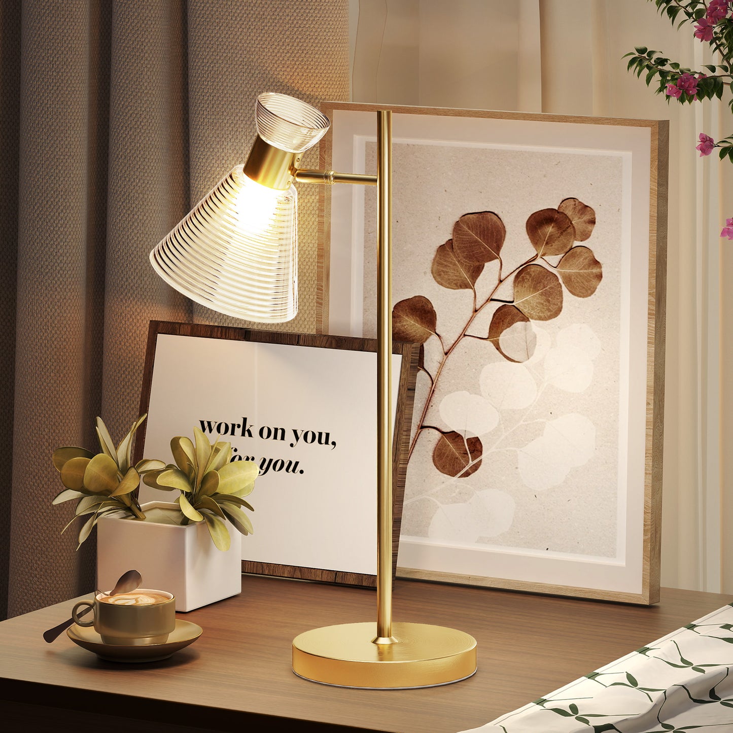 Saha Metal Gold Tone Modern Table Lamp With Adjustable Flower Style Head