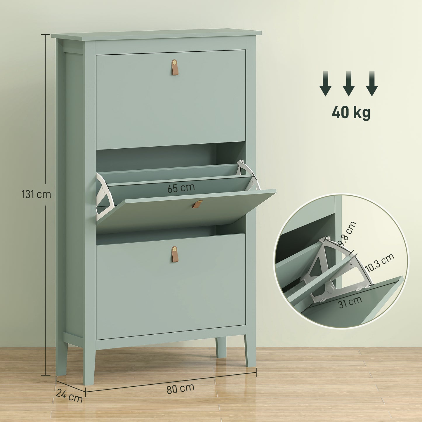 Diveve Wooden Mint Green Modern 3 Drawer Shoe Cabinet Faux Leather Handles