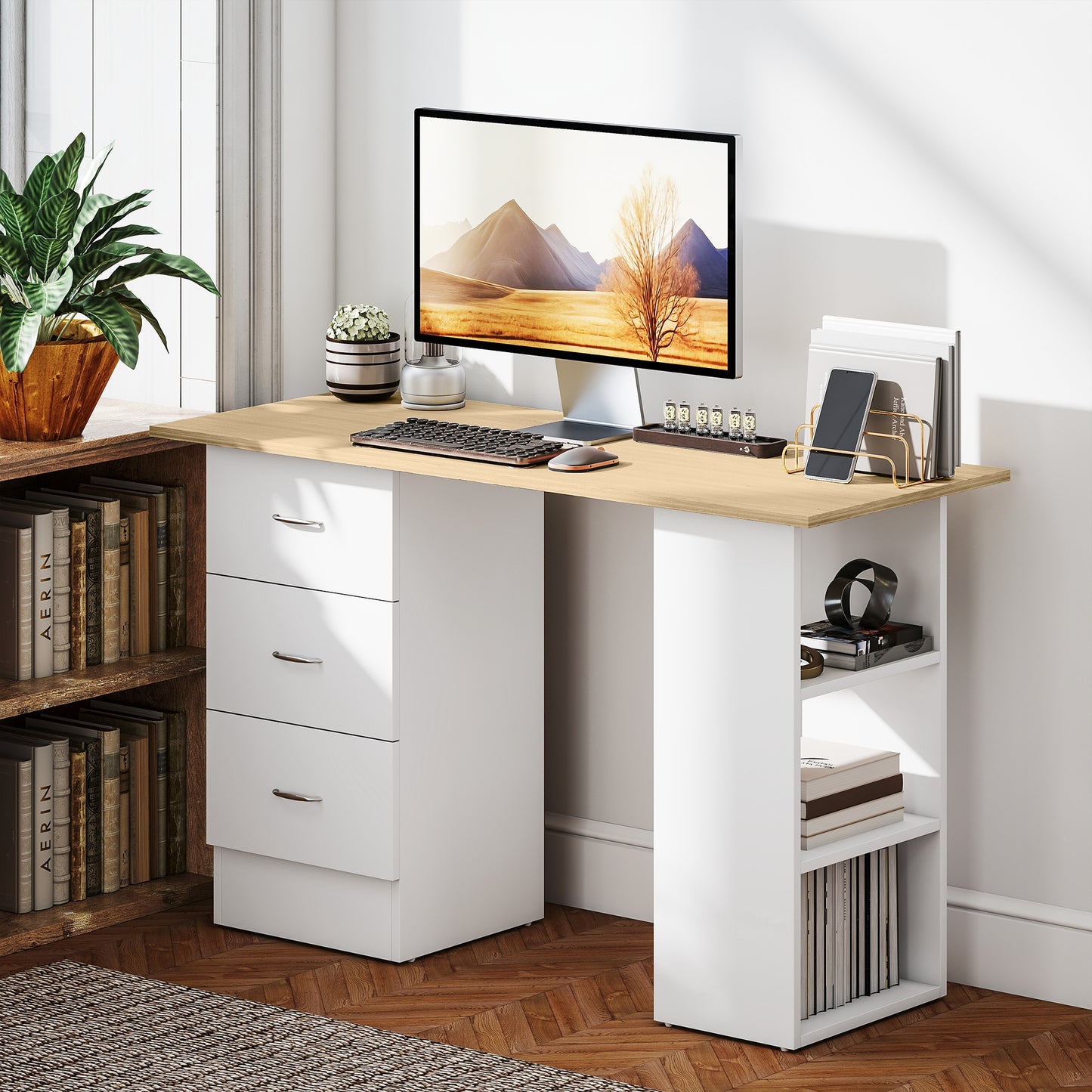 Vasave 120cm Wooden Natural And White Study Desk With 3 Side Shelves And 3 Drawers