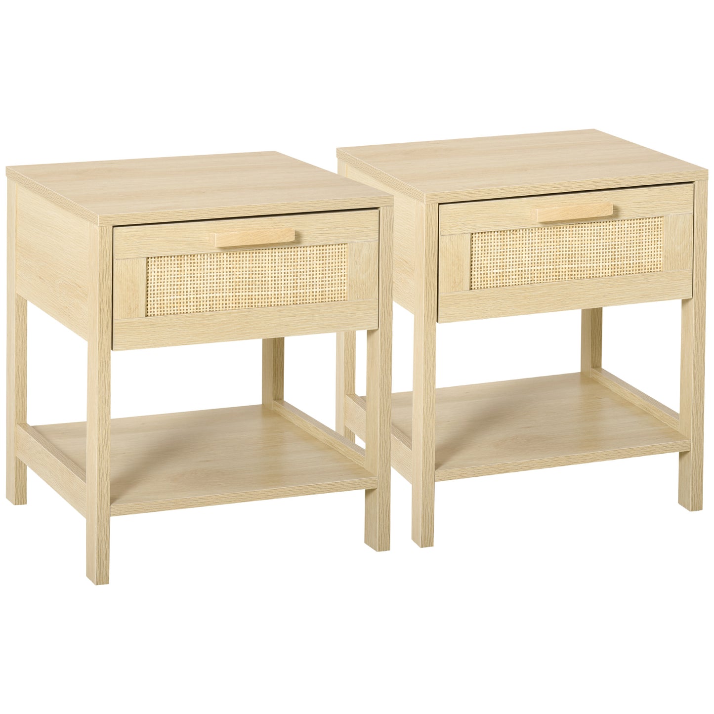 Vicoha Set Of 2 Natural Rattan Drawer Bedside Tables With Open Shelf