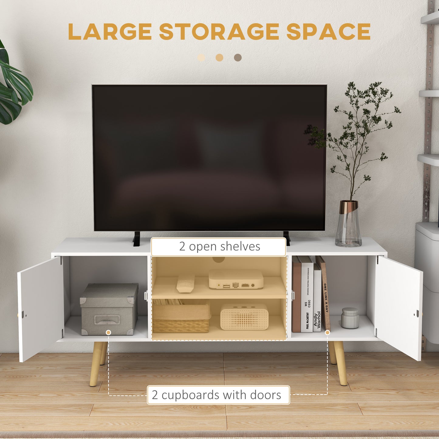 Vido 120cm Tozi Wooden White TV Cabinet With Open Shelves And Wooden Legs For Screens Up To 55 Inches
