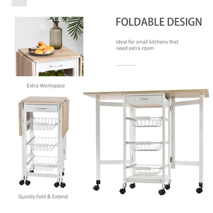 Ziha Wooden White Oak Tone Drop Leaf Kitchen Trolley With Baskets And Wheels