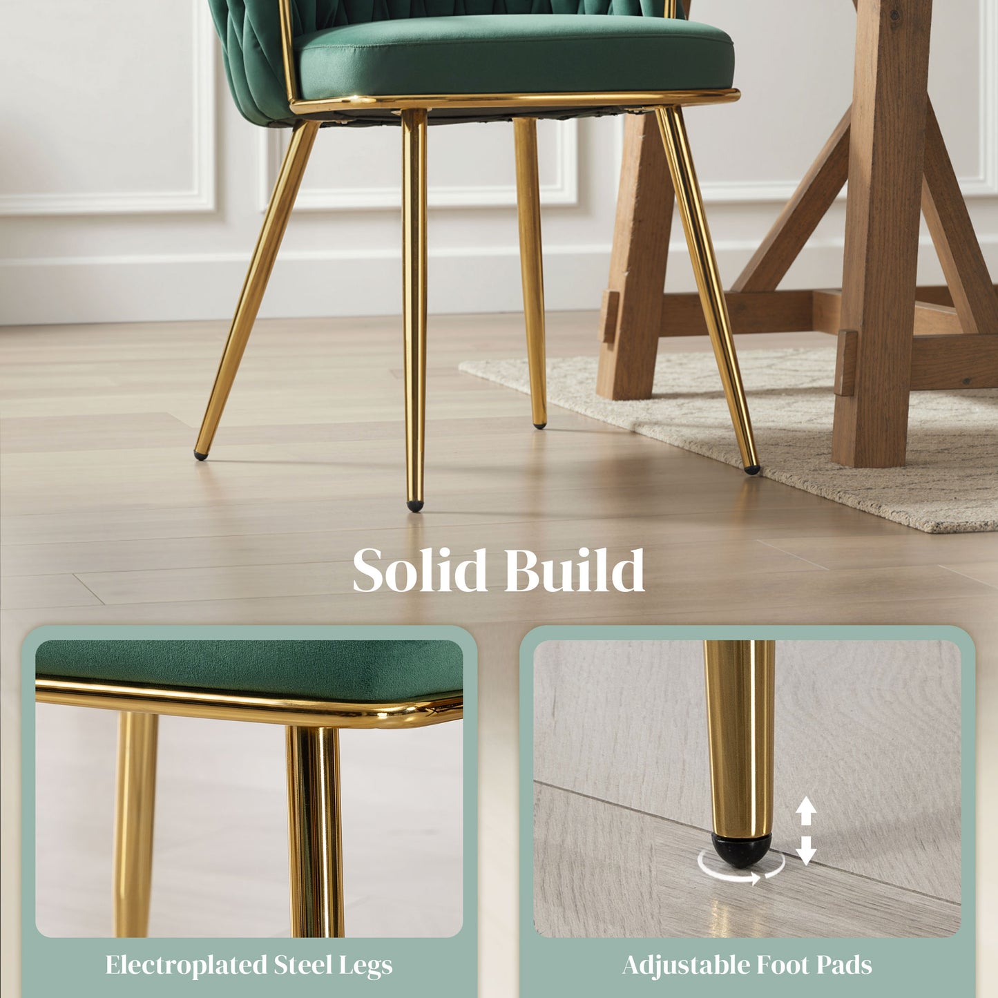 Sosura Set Of 2 Dark Green Velvet Upholstered Dining Chairs With Woven Backrest