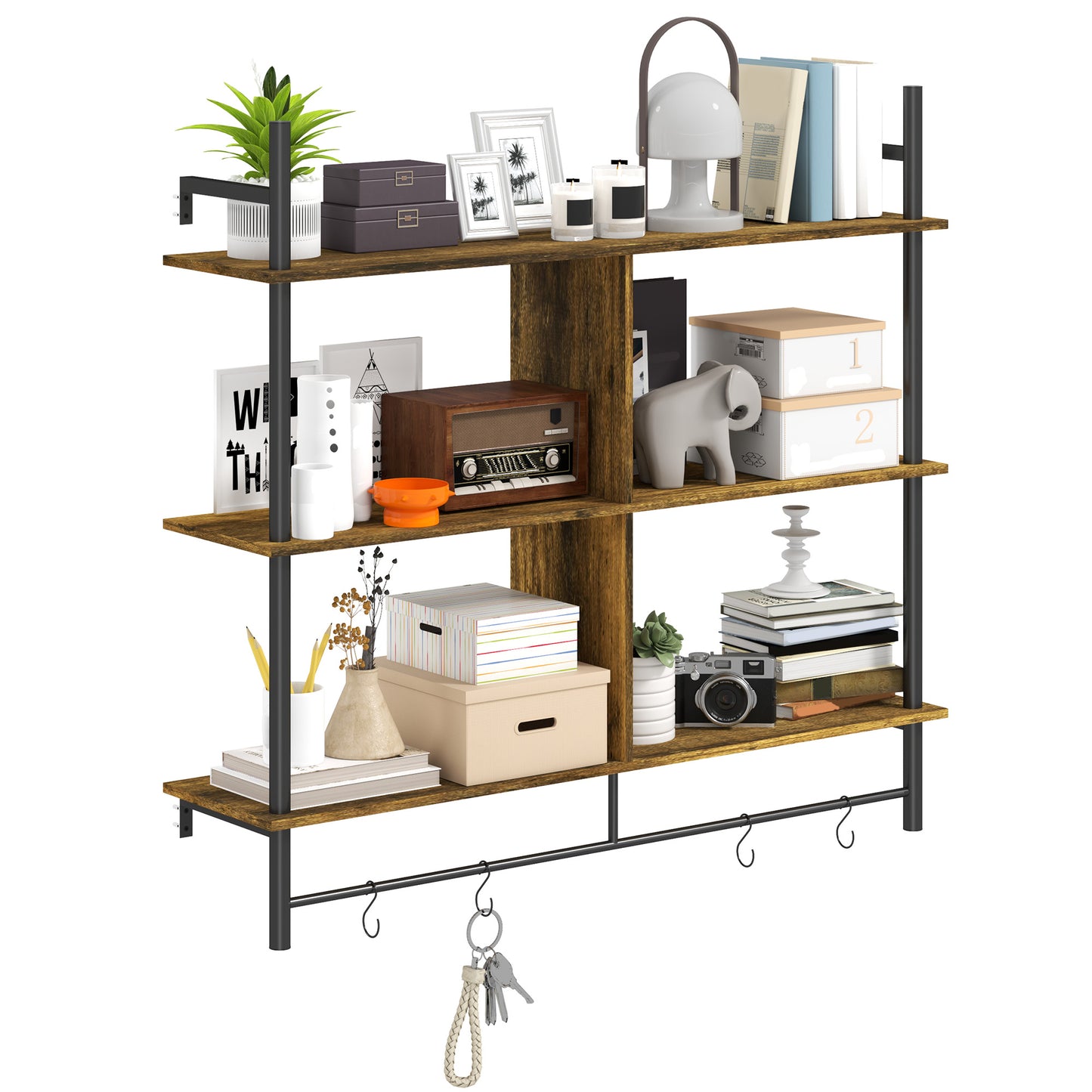 Todoco Wood And Metal Brown And Black 3 Tier Floating Wall Shelves