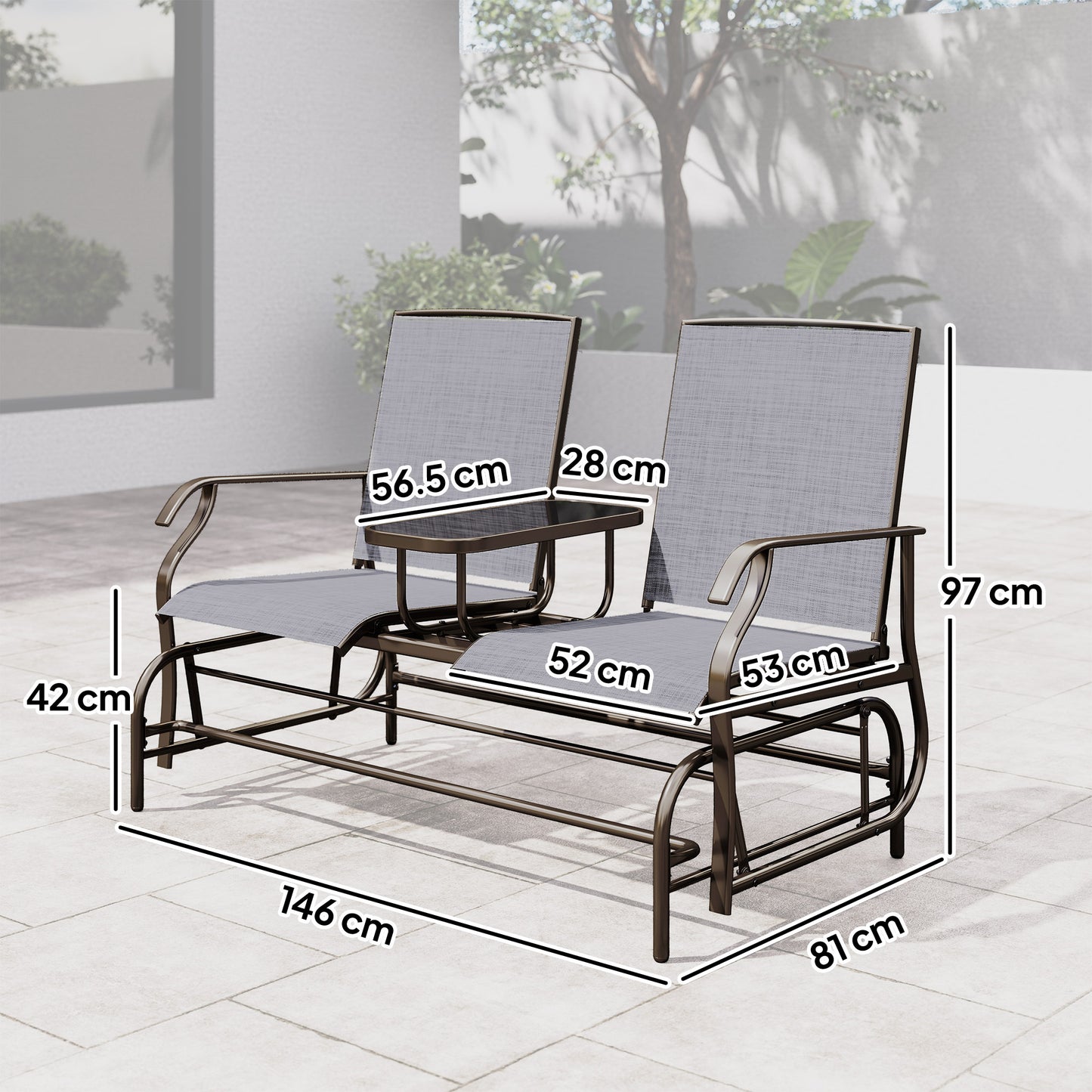 Mukatti  Metal Brown And Grey 2 Seater Garden Glider Bench With Glass Top Centre Table