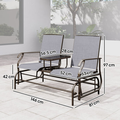 Mukatti  Metal Brown And Grey 2 Seater Garden Glider Bench With Glass Top Centre Table