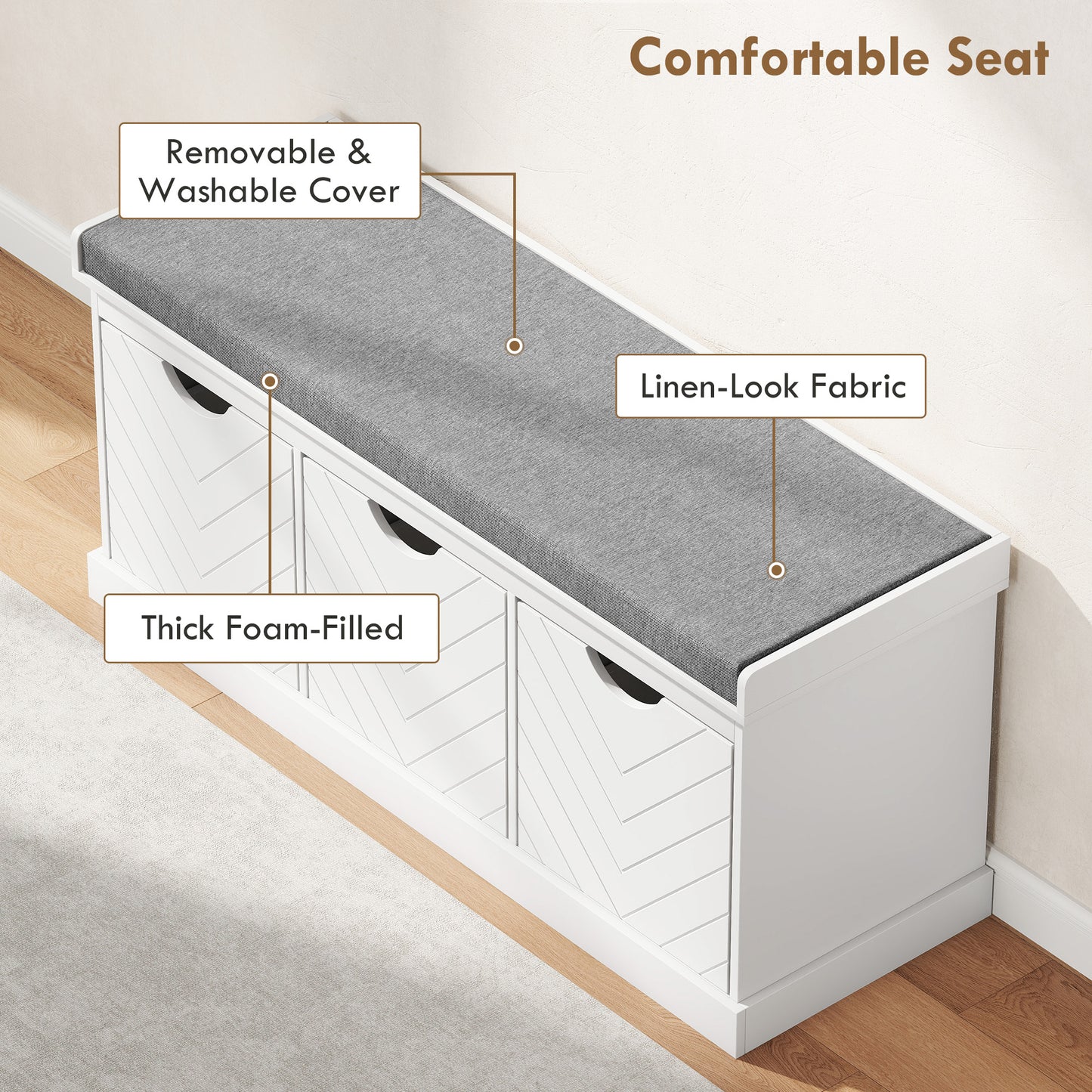 Reco Nolu Wooden White 3 Drawer Shoe Bench With Grey Padded Seat