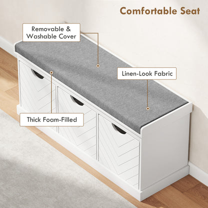 Reco Nolu Wooden White 3 Drawer Shoe Bench With Grey Padded Seat