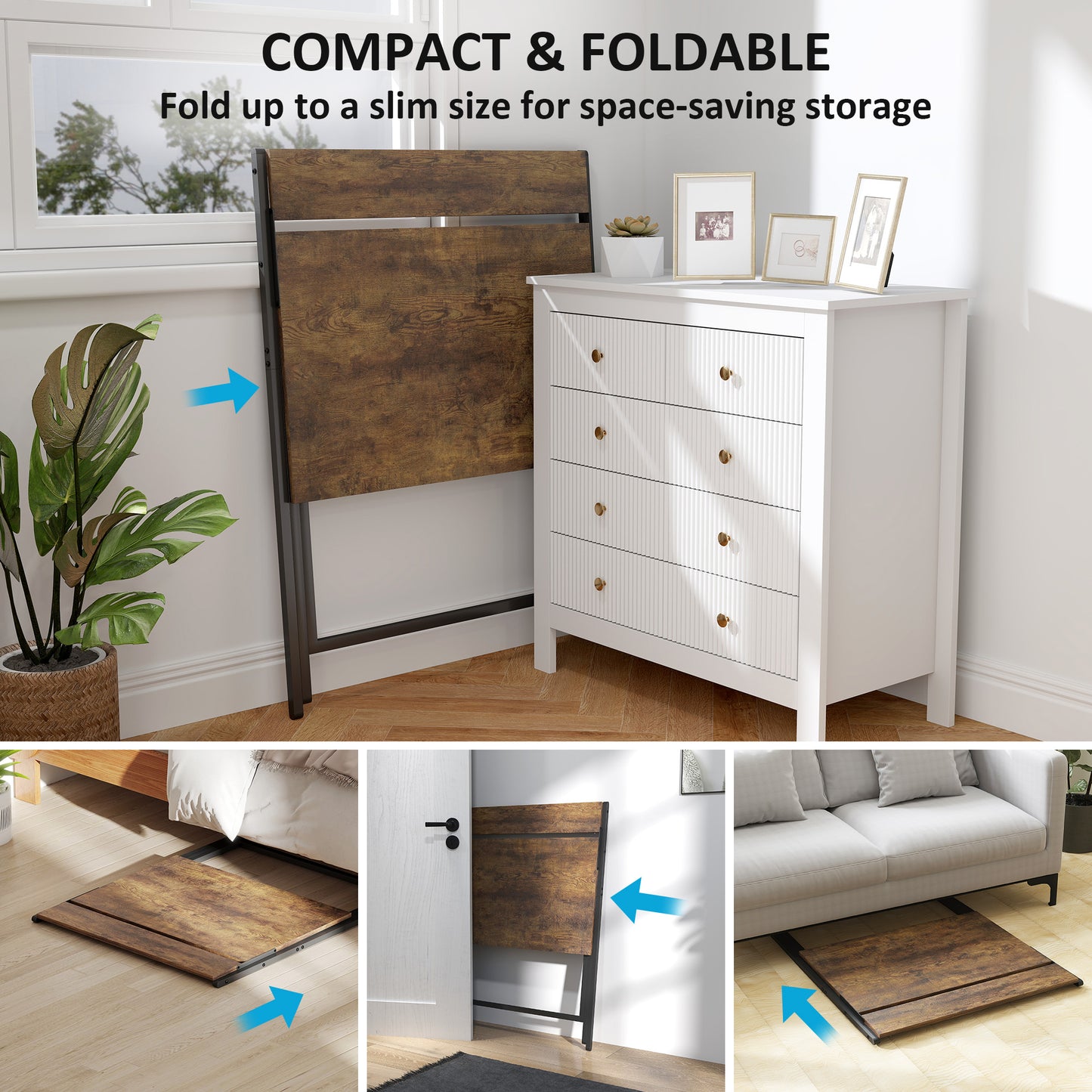 Veeldi 81cm Small Wooden Brown Rustic Folding Desk With Raised Monitor Shelf