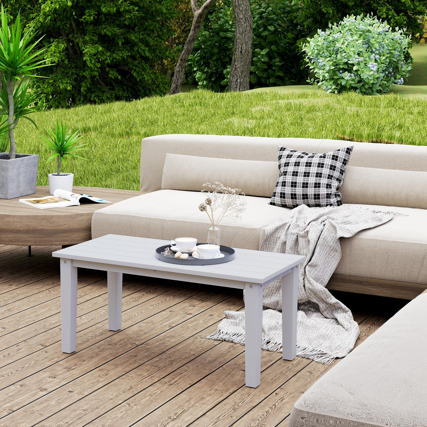Harota Wooden White Outdoor Rectangular Coffee Table With Slatted Top For Garden And Balcony Use