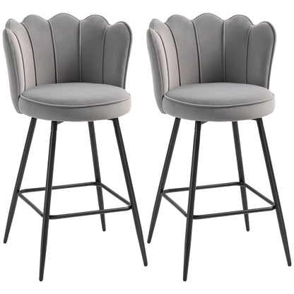 Ramette Velvet Grey Lotus Style Bar Stools Set Of 2 With Sculpted Seat
