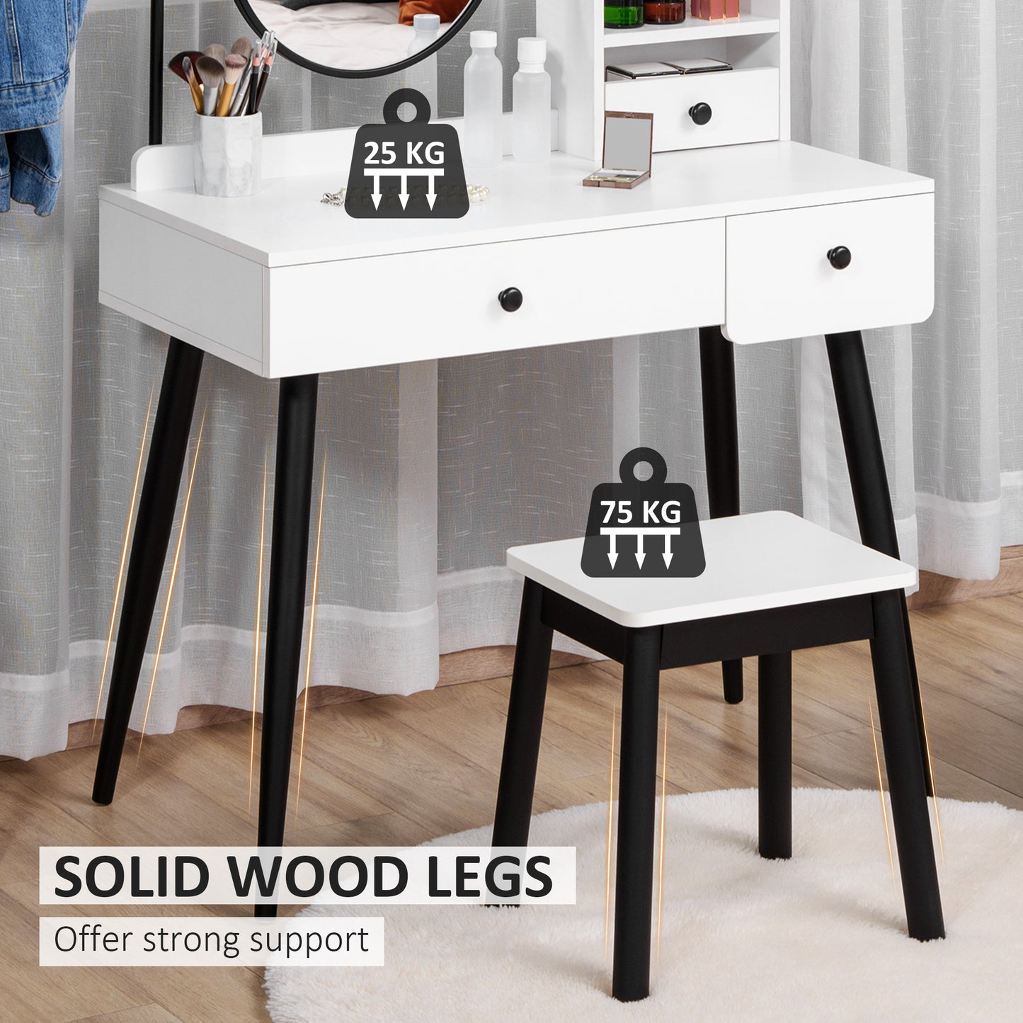 Viro Suso White Dressing Table And Stool Set With 3 Drawers And OFauxn Shelving