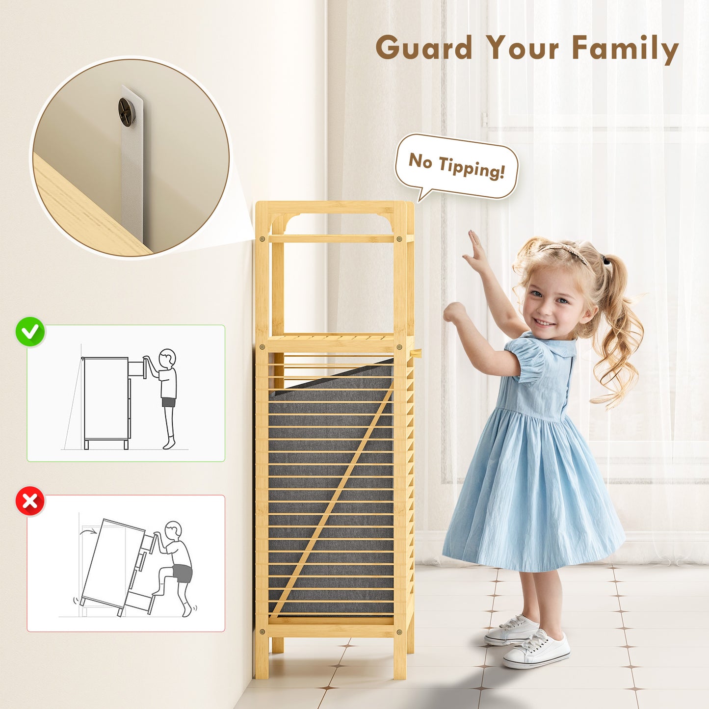 Lopadi Bamboo Laundry Storage Cabinet With Slatted Door And Tilt Out Hamper Natural Wood Finish