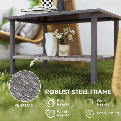 Revano Grey Rattan Outdoor Coffee Table With Tempered Glass Top and Lower Shelf
