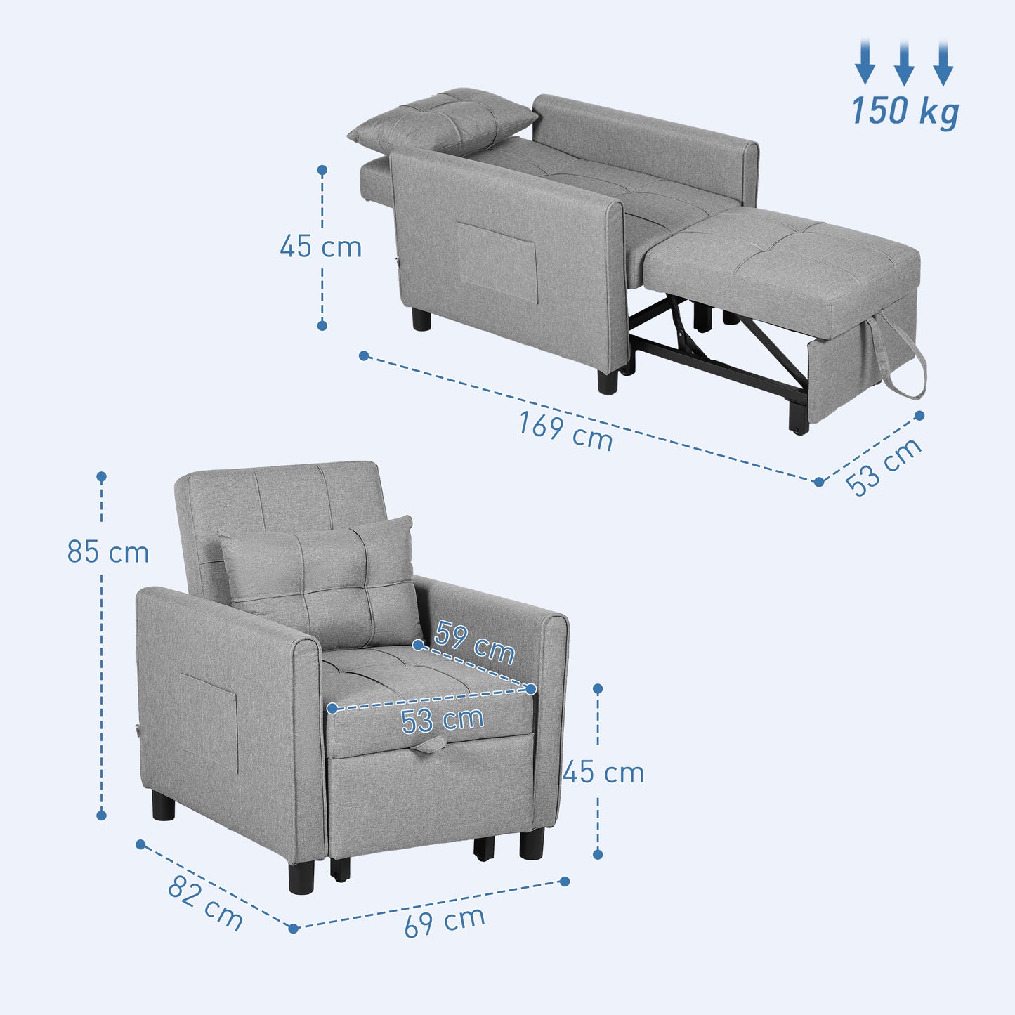 Vayopa Linen Look Light Grey Single Sleeper Chair
