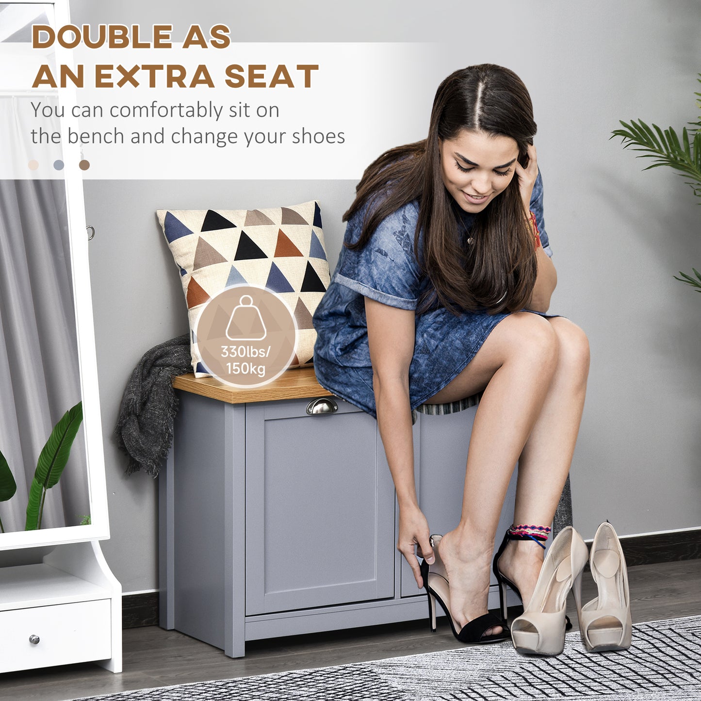 Zifa Grey and Natural Wooden  Shoe Cabinet With 2 Doors For Hallway Storage