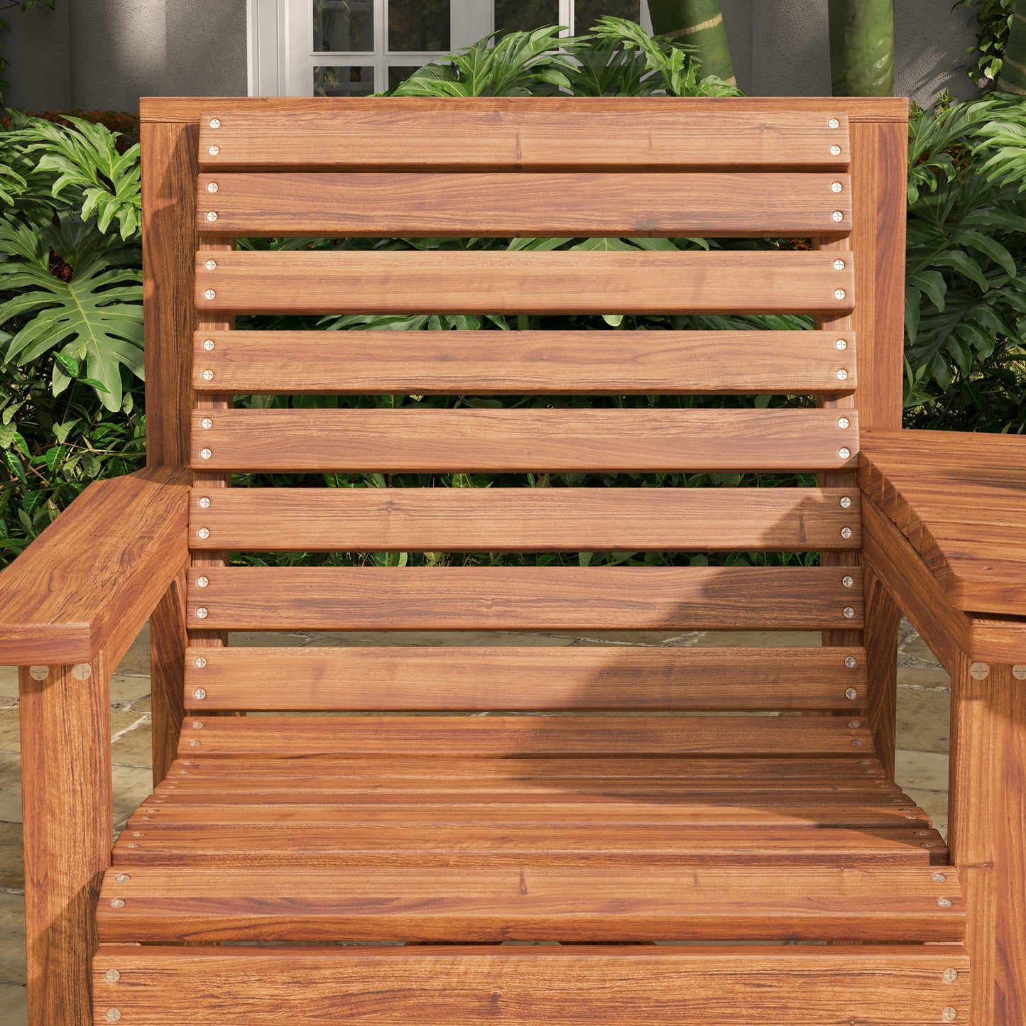 Topa Tan Brown Wood Garden Bistro Set Love Seat With Integrated Coffee Table And Parasol Hole