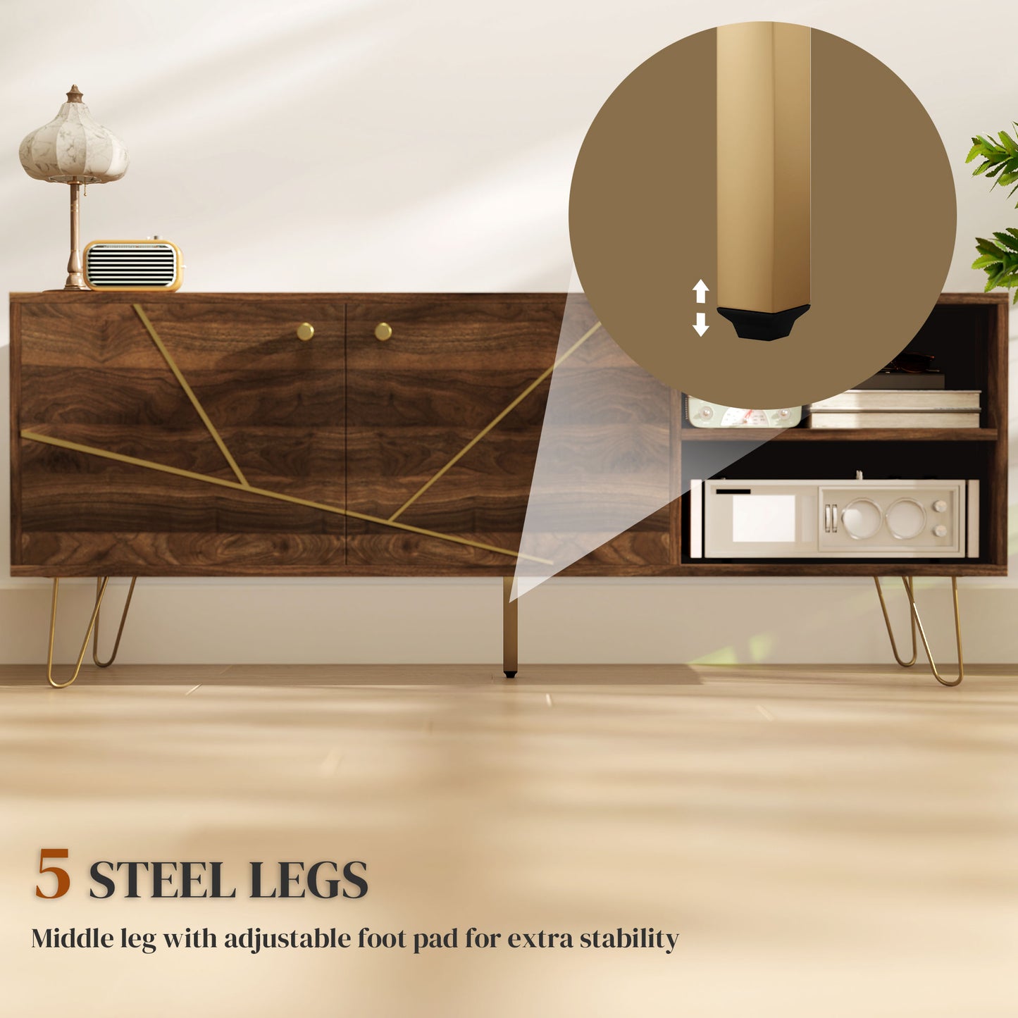 Lurali 130cm Wooden Brown TV Cabinet 2 Doors and Shelf Gold Hairpin Legs For Screens Up To 60 Inches
