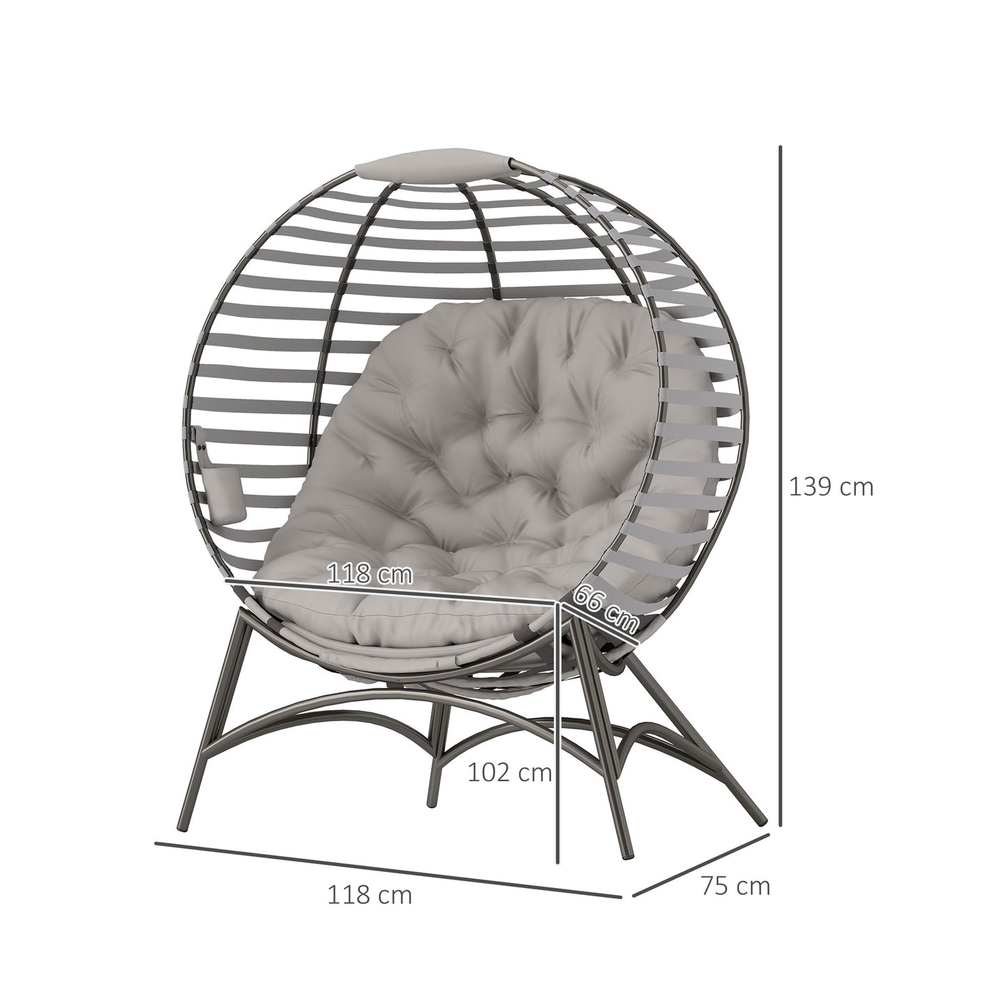 Lenika Oversized Rattan Light Grey Egg Chair With Cushion And Side Storage Pocket