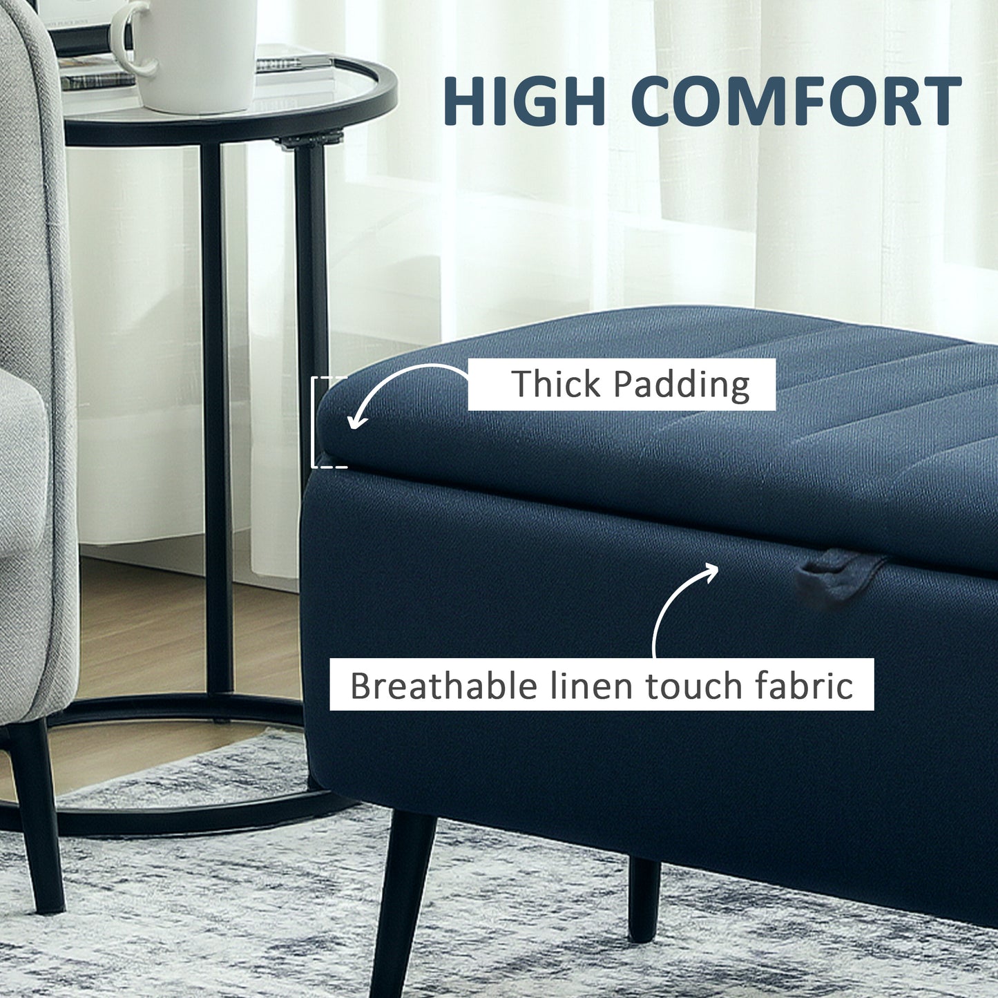 Sudina Linen Look Rectangle Dark Blue Storage Ottoman